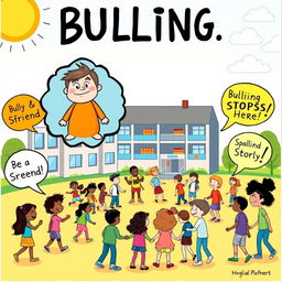 A creative art poster about bullying, illustrated in a whimsical, imaginative style with bright colors and playful elements