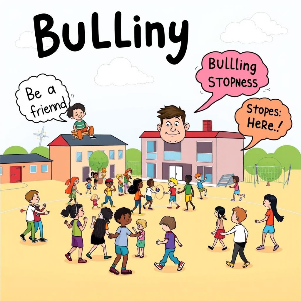 A creative art poster about bullying, illustrated in a whimsical, imaginative style with bright colors and playful elements