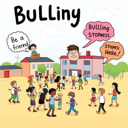 A creative art poster about bullying, illustrated in a whimsical, imaginative style with bright colors and playful elements