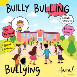 A creative art poster about bullying, illustrated in a whimsical, imaginative style with bright colors and playful elements