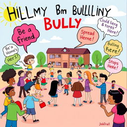A creative art poster about bullying, illustrated in a whimsical, imaginative style with bright colors and playful elements