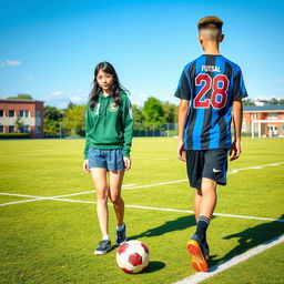 A school field background featuring a female student standing at 154 cm tall, wearing a green OSIS jacket