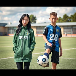 A school field background featuring a female student standing at 154 cm tall, wearing a green OSIS jacket