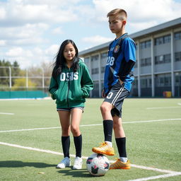 A school field background featuring a female student standing at 154 cm tall, wearing a green OSIS jacket