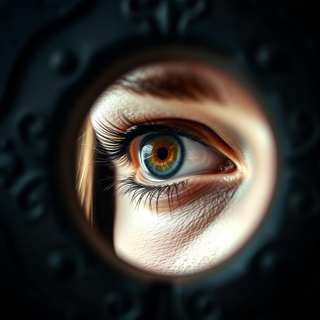 A closeup photograph of a woman's eye peering through a keyhole, showcasing detailed features of the eye including the iris and eyelashes
