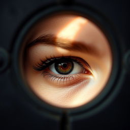 A closeup photograph of a woman's eye peering through a keyhole, showcasing detailed features of the eye including the iris and eyelashes