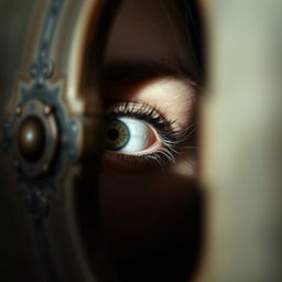 A closeup photograph of a woman's eye peering through a keyhole, showcasing detailed features of the eye including the iris and eyelashes