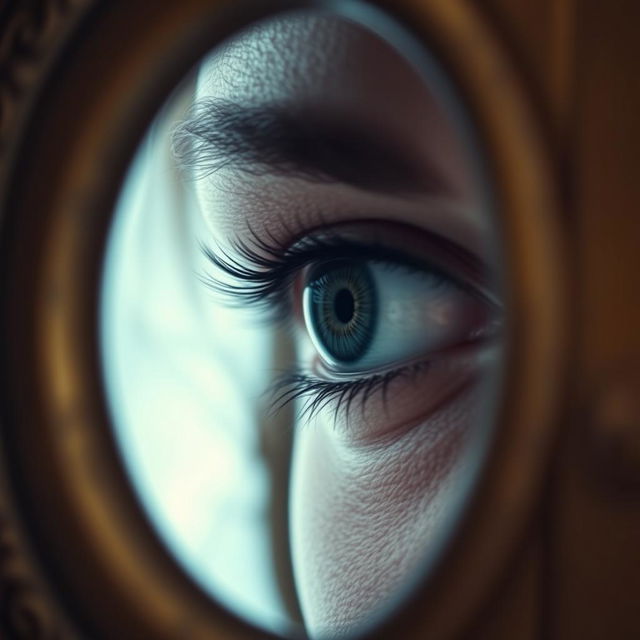 A closeup photograph of a woman's eye peering through a keyhole, showcasing detailed features of the eye including the iris and eyelashes