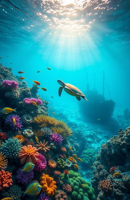 A stunning underwater scene featuring vibrant coral reefs, diverse marine life such as colorful tropical fish, a majestic sea turtle swimming gracefully, and a sunken ship formation in the background
