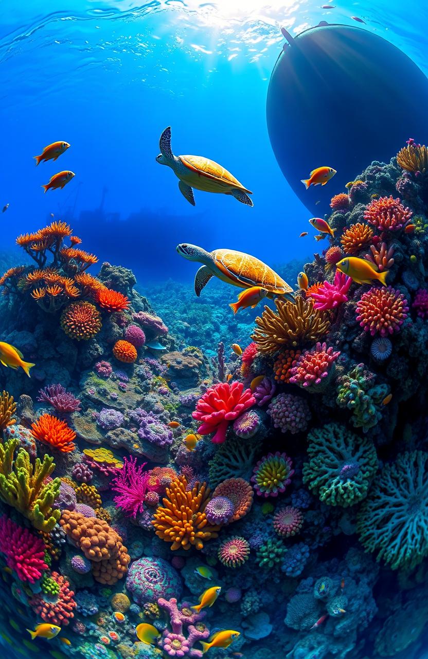 A stunning underwater scene featuring vibrant coral reefs, diverse marine life such as colorful tropical fish, a majestic sea turtle swimming gracefully, and a sunken ship formation in the background