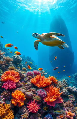 A stunning underwater scene featuring vibrant coral reefs, diverse marine life such as colorful tropical fish, a majestic sea turtle swimming gracefully, and a sunken ship formation in the background