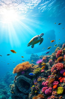 A stunning underwater scene featuring vibrant coral reefs, diverse marine life such as colorful tropical fish, a majestic sea turtle swimming gracefully, and a sunken ship formation in the background