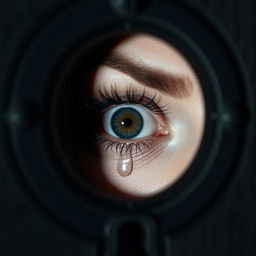 A closeup photograph of a scared woman's eye peering through a keyhole, capturing the expression of fear and alarm