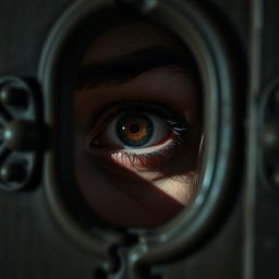 A closeup photograph of a scared woman's eye peering through a keyhole, capturing the expression of fear and alarm
