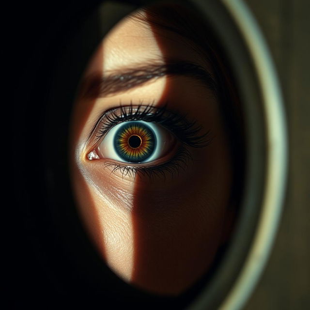 A closeup photograph of a scared woman's eye peering through a keyhole, capturing the expression of fear and alarm