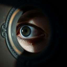 A closeup photograph of a scared woman's eye peering through a keyhole, capturing the expression of fear and alarm