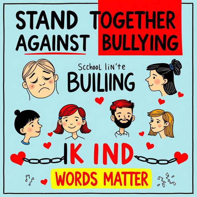 A creative and visually appealing A4 poster about bullying in schools, focusing on raising awareness about its negative impact on students