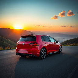 A stunning view of a Volkswagen Golf GTI, showcasing its sporty design and sleek lines, parked on a scenic mountain road with a dramatic sunset in the background