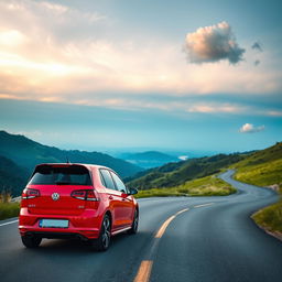 A stunning view of a Volkswagen Golf GTI, showcasing its sporty design and sleek lines, parked on a scenic mountain road with a dramatic sunset in the background
