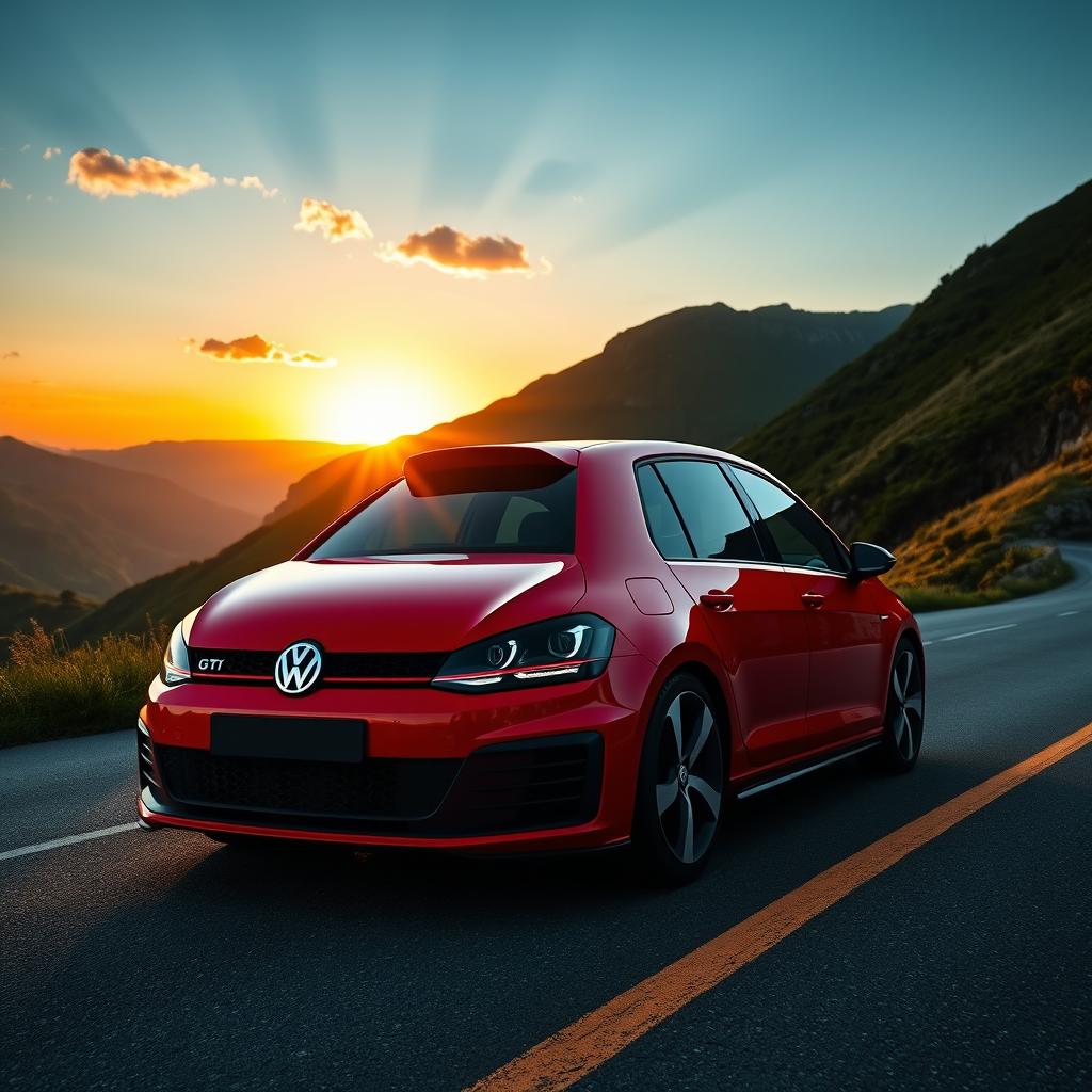 A stunning view of a Volkswagen Golf GTI, showcasing its sporty design and sleek lines, parked on a scenic mountain road with a dramatic sunset in the background