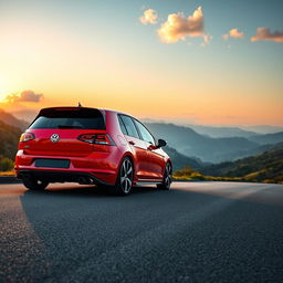 A stunning view of a Volkswagen Golf GTI, showcasing its sporty design and sleek lines, parked on a scenic mountain road with a dramatic sunset in the background