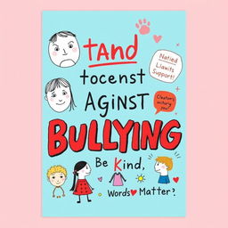 A creatively drawn A4 poster about bullying in schools, featuring handcrafted illustrations that emphasize the importance of raising awareness about its negative impact on students