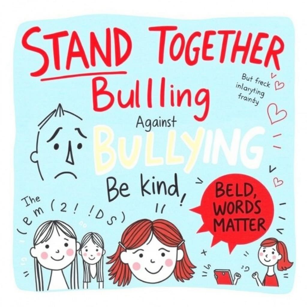 A creatively drawn A4 poster about bullying in schools, featuring handcrafted illustrations that emphasize the importance of raising awareness about its negative impact on students