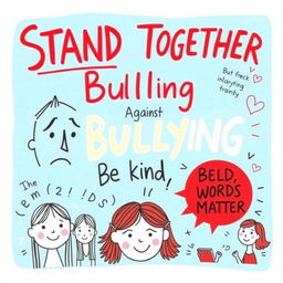 A creatively drawn A4 poster about bullying in schools, featuring handcrafted illustrations that emphasize the importance of raising awareness about its negative impact on students