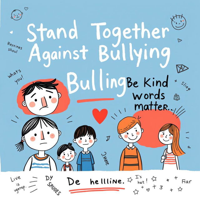 A creatively drawn A4 poster about bullying in schools, featuring handcrafted illustrations that emphasize the importance of raising awareness about its negative impact on students