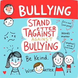 A creatively drawn A4 poster about bullying in schools, featuring handcrafted illustrations that emphasize the importance of raising awareness about its negative impact on students