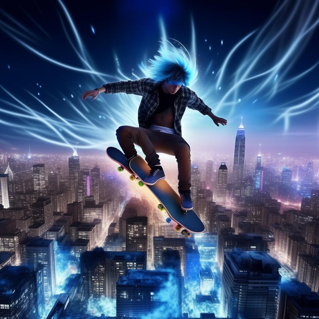 An edgy skateboarder engulfed in ice-blue flames, performing an intricate trick high above a glittering, nocturnal cityscape with ultramodern skyscrapers.