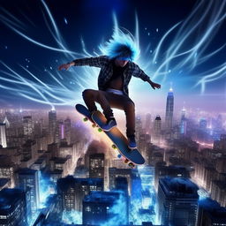 An edgy skateboarder engulfed in ice-blue flames, performing an intricate trick high above a glittering, nocturnal cityscape with ultramodern skyscrapers.