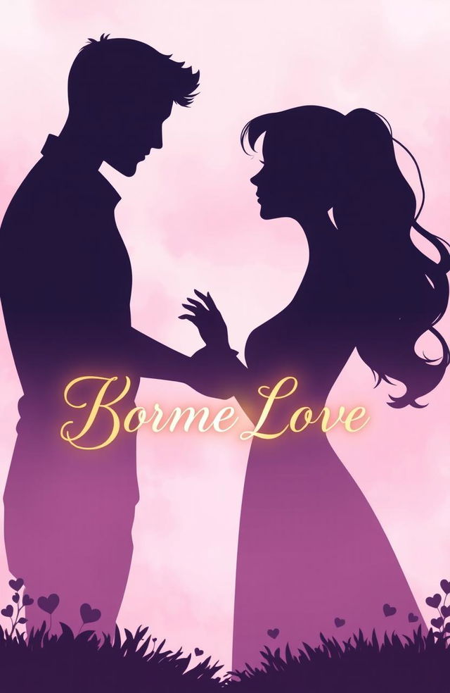 A romantic illustration featuring the silhouettes of a handsome man and a sweet woman standing closely together, gazing into each other's eyes with love