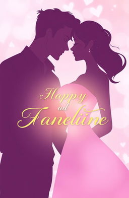 A romantic illustration featuring the silhouettes of a handsome man and a sweet woman standing closely together, gazing into each other's eyes with love