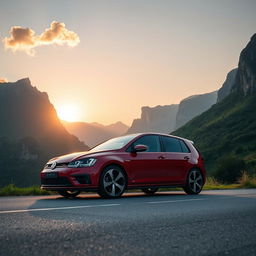 An impressive Volkswagen Golf GTI parked on a scenic mountain road, surrounded by lush greenery and dramatic cliffs