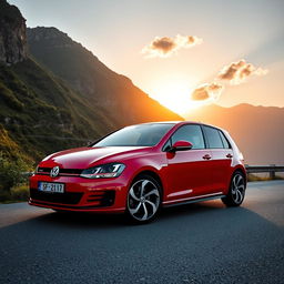 An impressive Volkswagen Golf GTI parked on a scenic mountain road, surrounded by lush greenery and dramatic cliffs