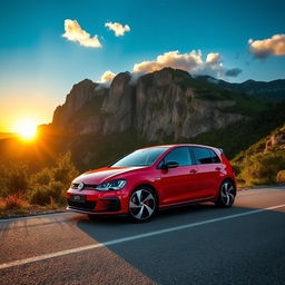 An impressive Volkswagen Golf GTI parked on a scenic mountain road, surrounded by lush greenery and dramatic cliffs