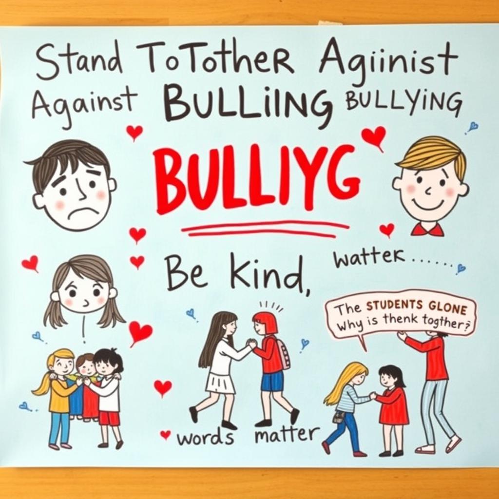 A creatively designed A4 poster about bullying in schools, emphasizing the importance of raising awareness about its negative impacts on students