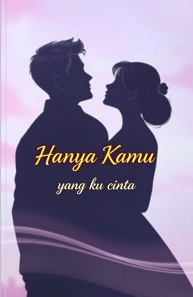 A romantic scene portraying the silhouettes of a handsome man and a sweet woman standing close together, gazing into each other's eyes with love