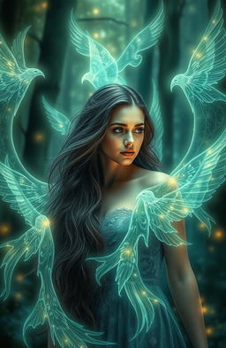 A woman with long hair, surrounded by ethereal spirits that resemble her