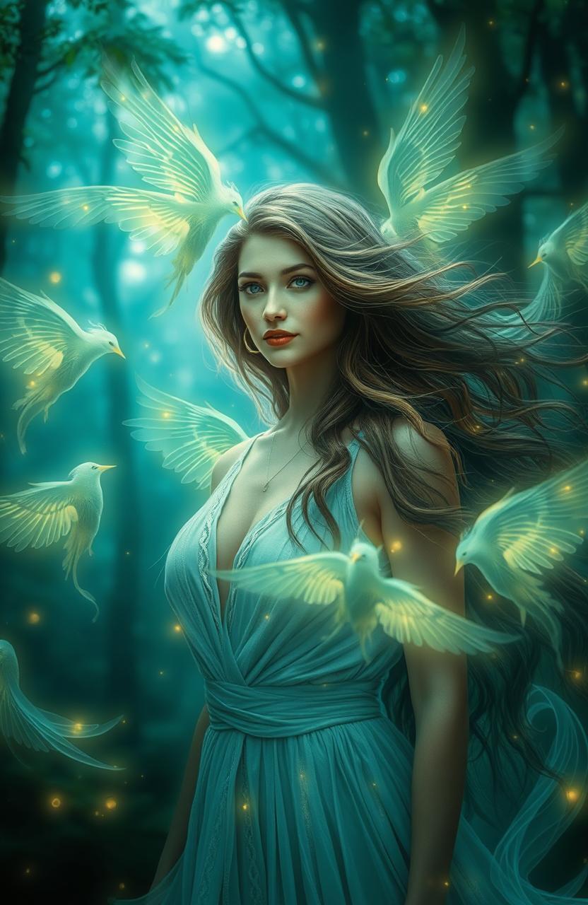A woman with long hair, surrounded by ethereal spirits that resemble her