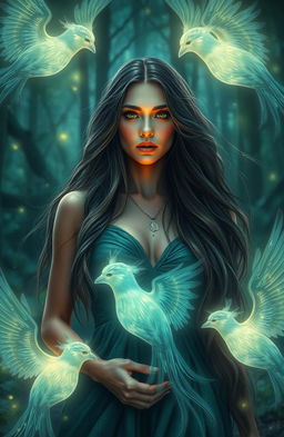 A woman with long hair, surrounded by ethereal spirits that resemble her