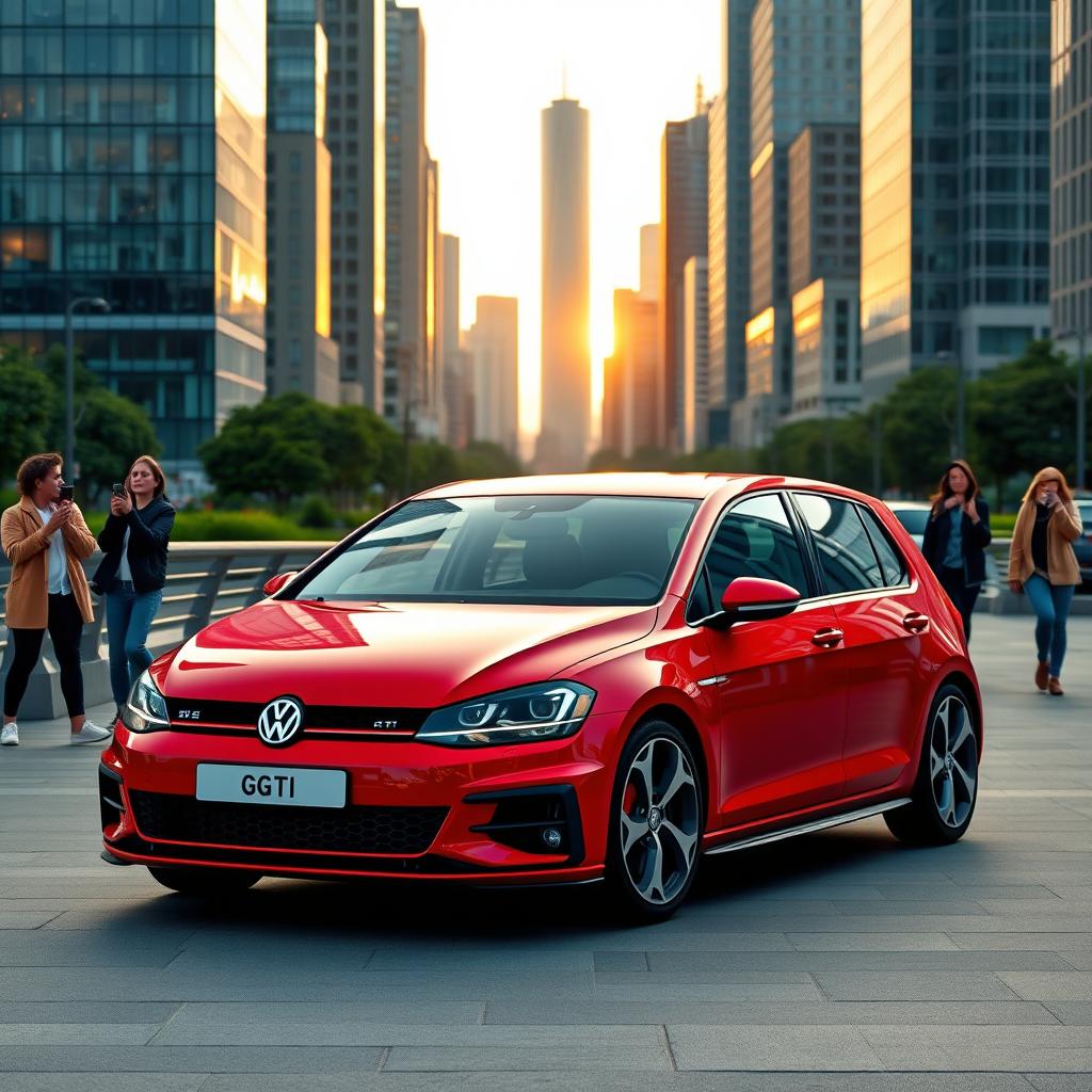 A sleek and powerful Volkswagen GTI parked in a picturesque urban setting, showcasing its vibrant red exterior and signature sporty design