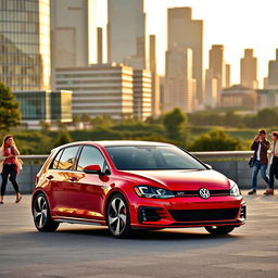 A sleek and powerful Volkswagen GTI parked in a picturesque urban setting, showcasing its vibrant red exterior and signature sporty design