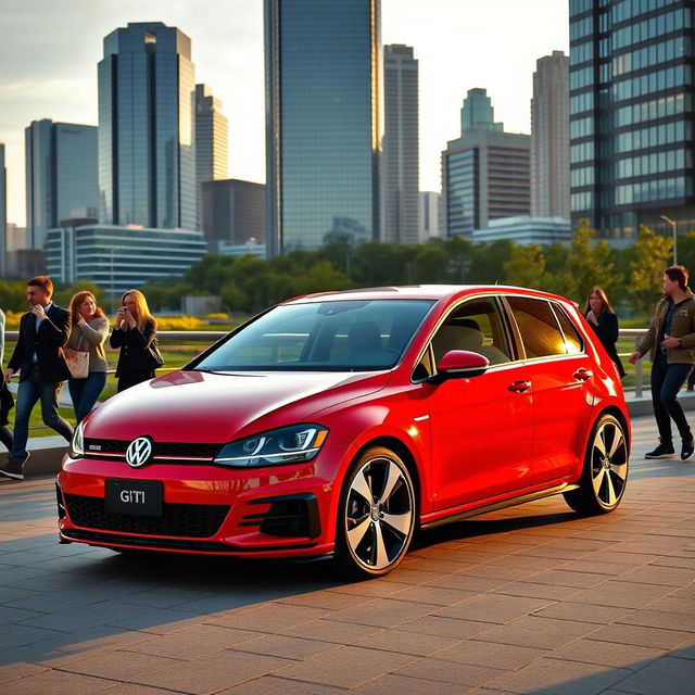 A sleek and powerful Volkswagen GTI parked in a picturesque urban setting, showcasing its vibrant red exterior and signature sporty design