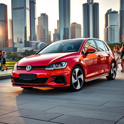 A sleek and powerful Volkswagen GTI parked in a picturesque urban setting, showcasing its vibrant red exterior and signature sporty design