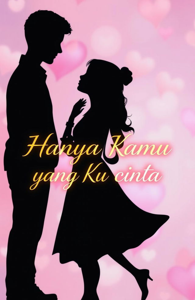 A romantic scene featuring a silhouette of a handsome man and a sweet woman standing close together, gazing at each other with love