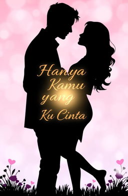 A romantic scene featuring a silhouette of a handsome man and a sweet woman standing close together, gazing at each other with love