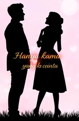A romantic scene featuring a silhouette of a handsome man and a sweet woman standing close together, gazing at each other with love