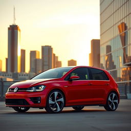 A sleek, modern Volkswagen GTI parked in an urban environment, showcasing its vibrant red color, sporty design, and aggressive stance